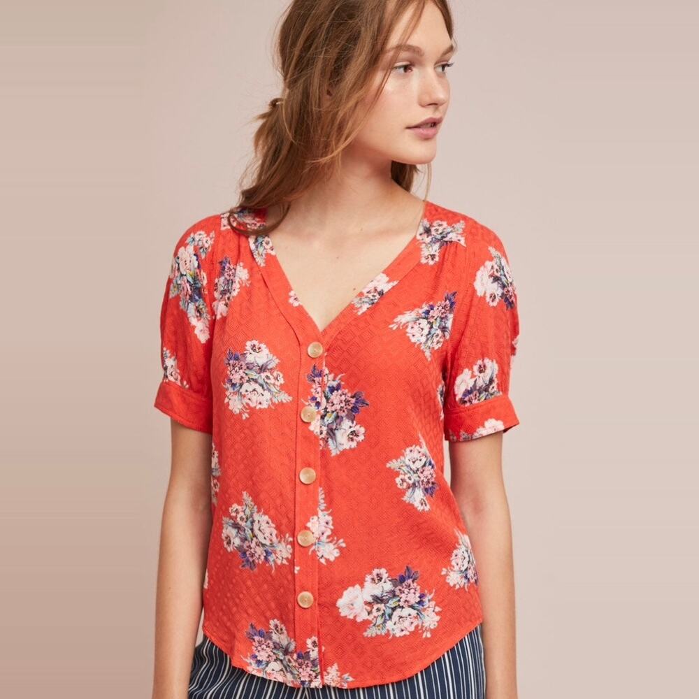 Anthropologie Maeve Hansley Blouse size 2 XS Button Front Top Bright Red Floral